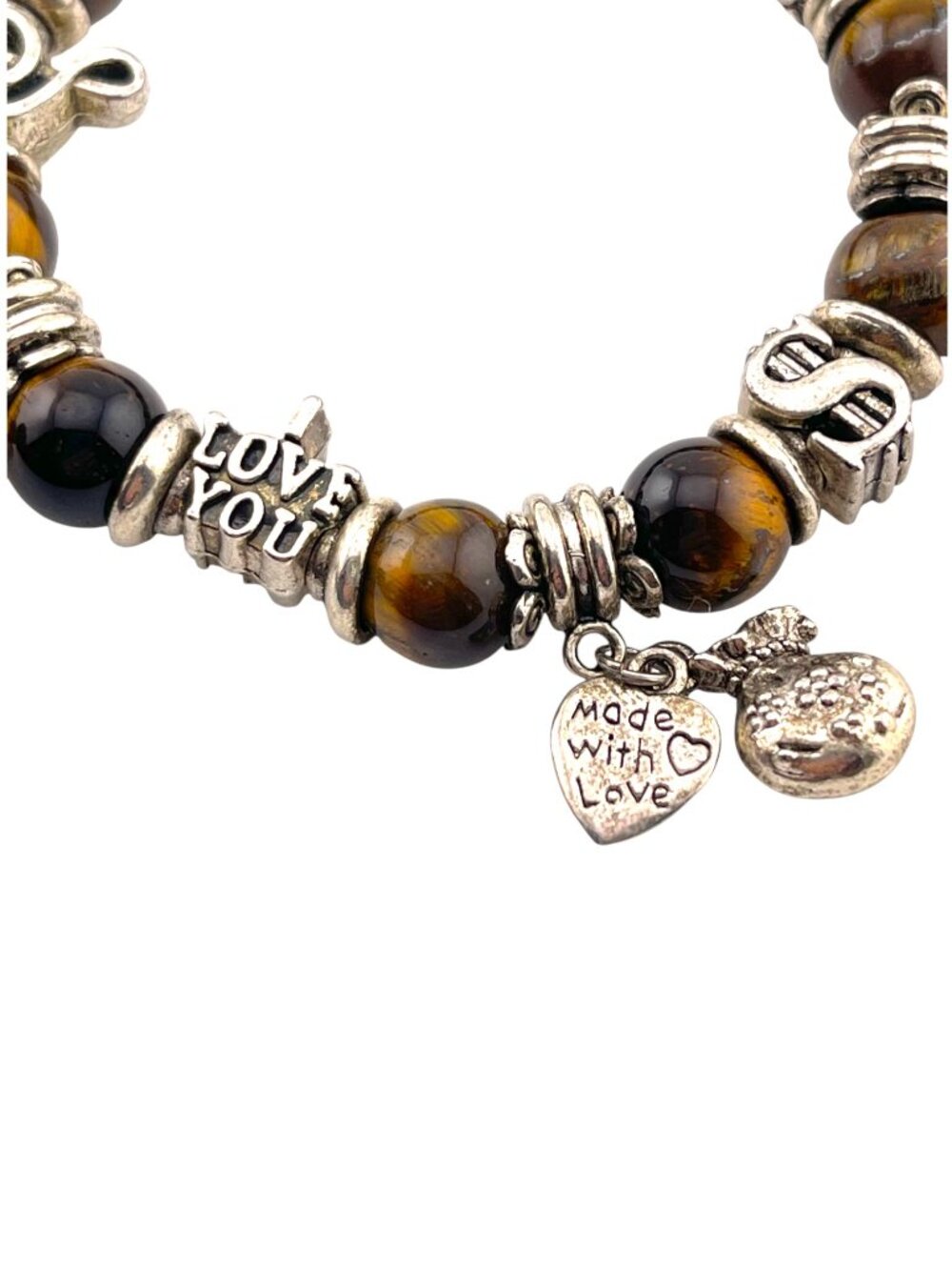 Tiger’s Eye Charm Bracelet Boho Stretch Beaded Silver Tone Mermaid Clover - Picture 8 of 11